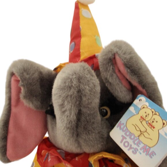 NOS Vintage 90s KellyToy Plush Elephant Clown w Birthday Cake Kuddle Me Tag - Picture 4 of 11